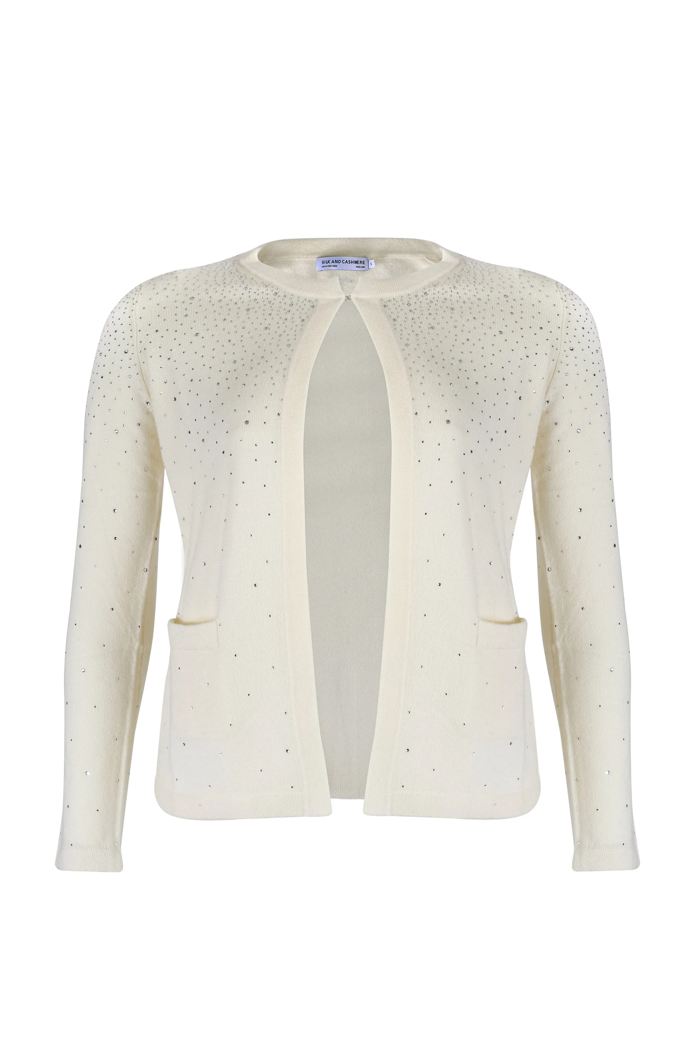 Ecru Cashmere Wool Merril Round Collar Cardigan with Stone Ornament Detail