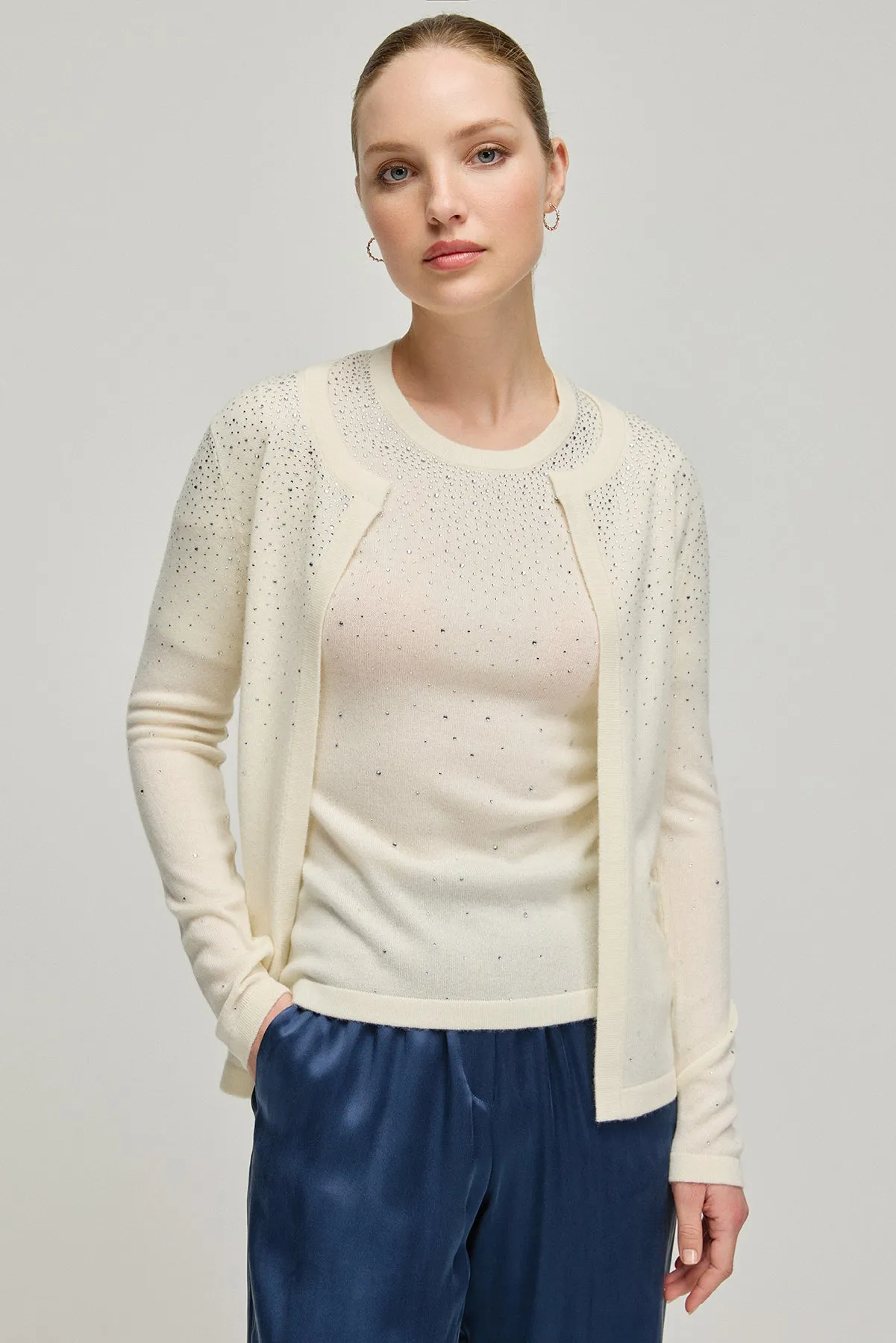 Ecru Cashmere Wool Merril Round Collar Cardigan with Stone Ornament Detail