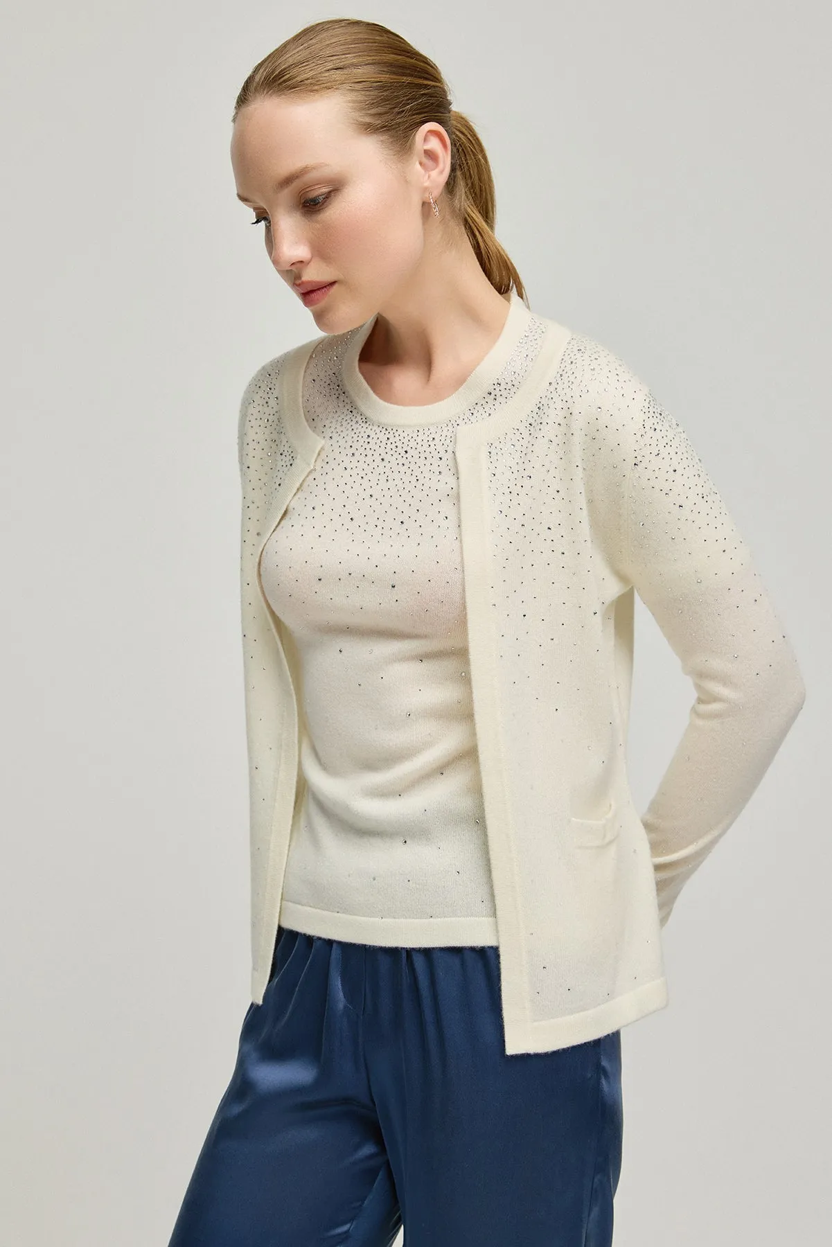 Ecru Cashmere Wool Merril Round Collar Cardigan with Stone Ornament Detail