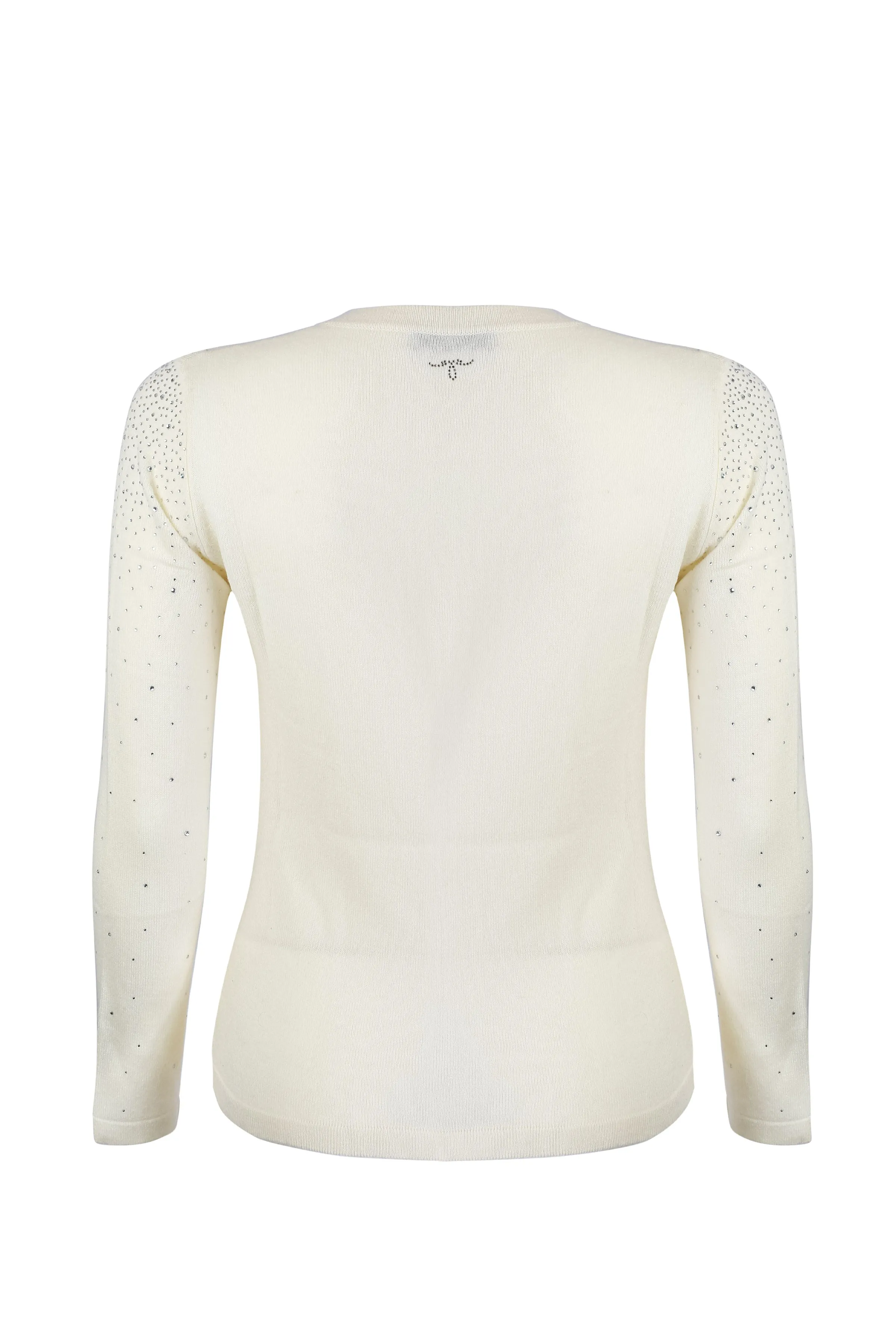 Ecru Cashmere Wool Merril Round Collar Cardigan with Stone Ornament Detail