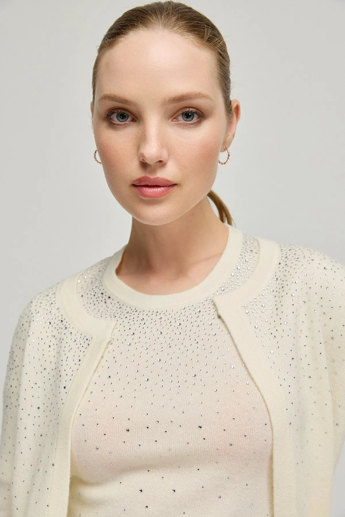 Ecru Cashmere Wool Merril Round Collar Cardigan with Stone Ornament Detail