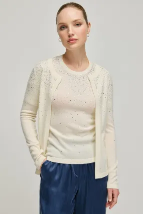 Ecru Cashmere Wool Merril Round Collar Cardigan with Stone Ornament Detail