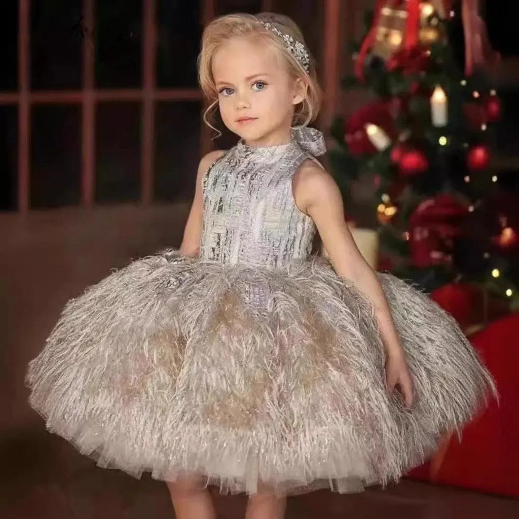 Elegant flower Dress Feather Baby Wedding party Princess dress 1-12 Yrs wear