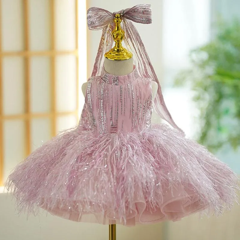 Elegant flower Dress Feather Baby Wedding party Princess dress 1-12 Yrs wear