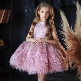 Elegant flower Dress Feather Baby Wedding party Princess dress 1-12 Yrs wear