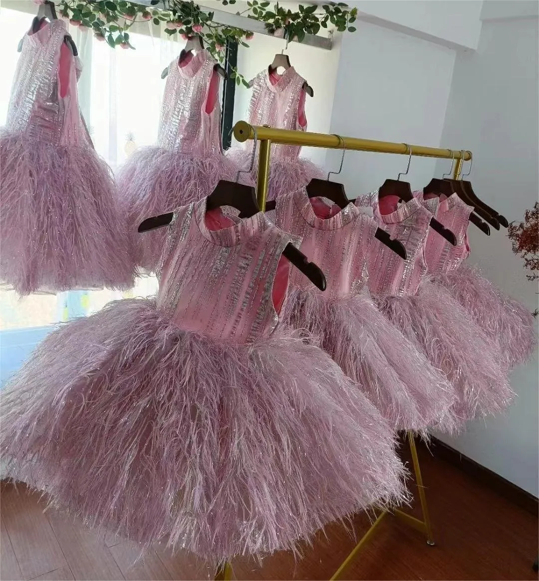 Elegant flower Dress Feather Baby Wedding party Princess dress 1-12 Yrs wear