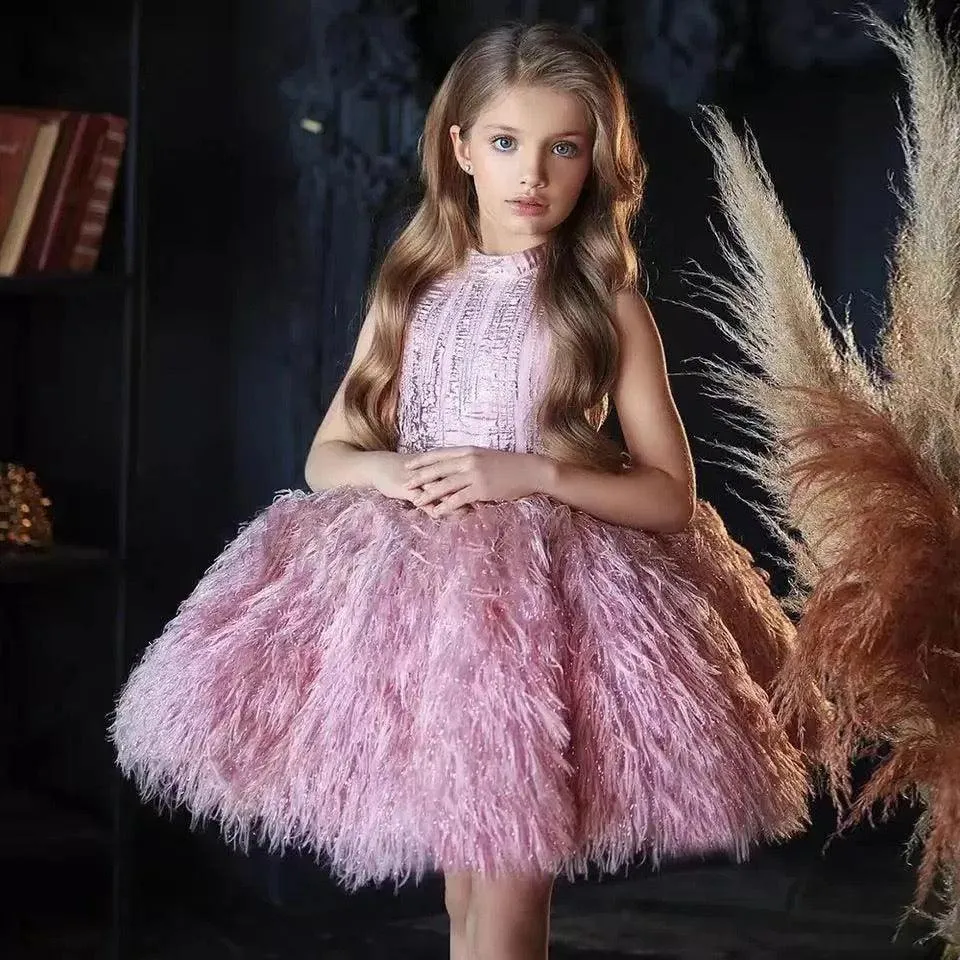 Elegant flower Dress Feather Baby Wedding party Princess dress Colors can be customized