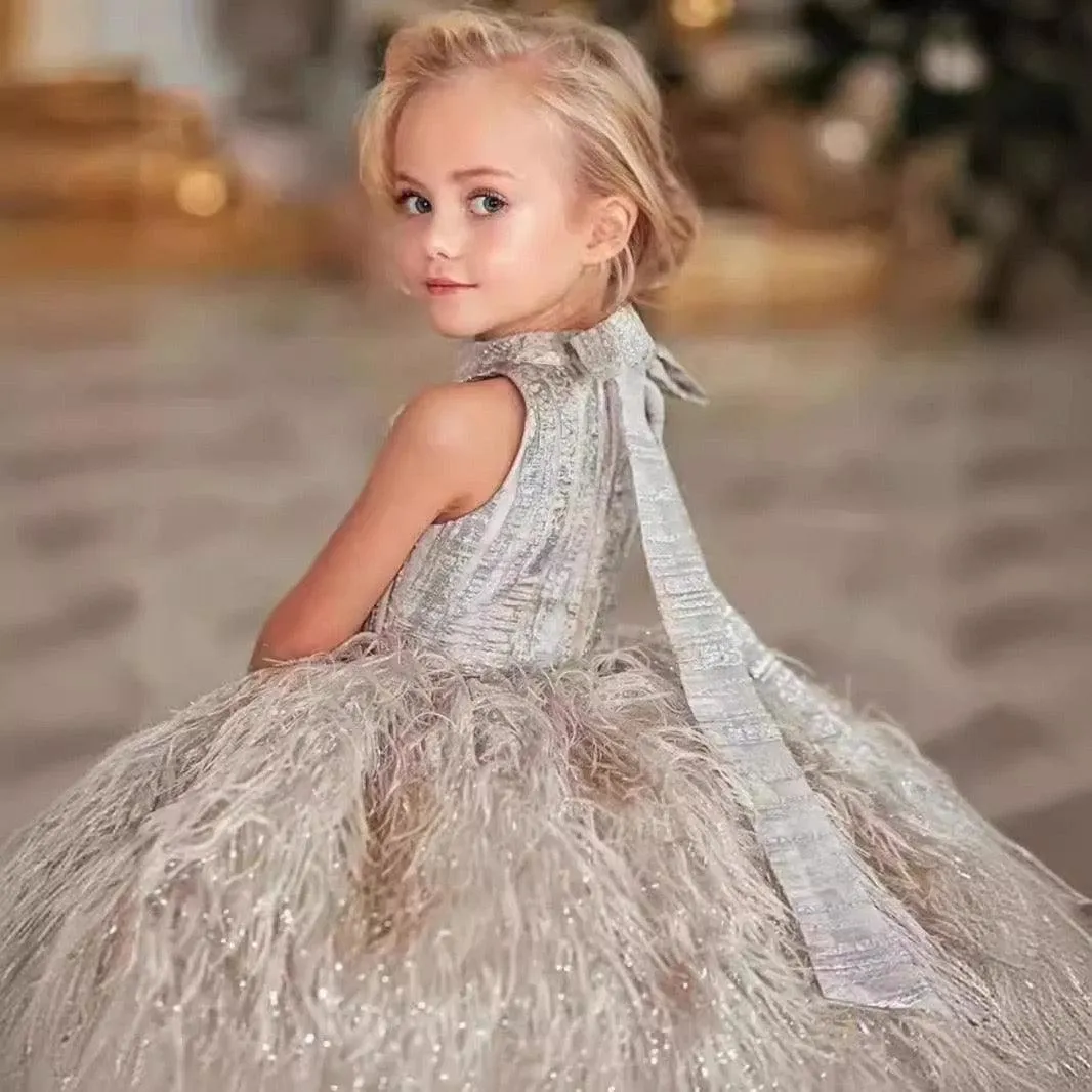Elegant flower Dress Feather Baby Wedding party Princess dress Colors can be customized