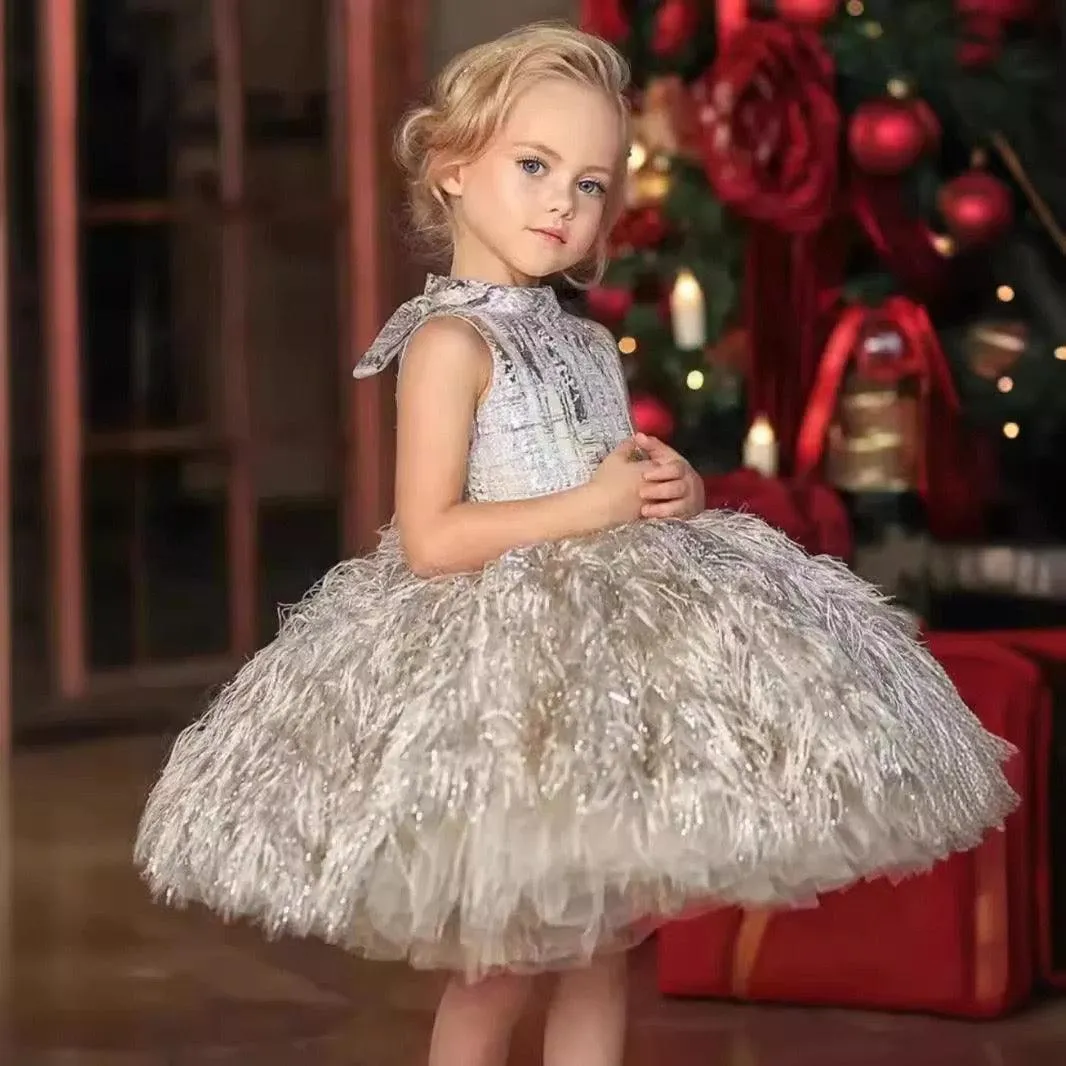 Elegant flower Dress Feather Baby Wedding party Princess dress Colors can be customized