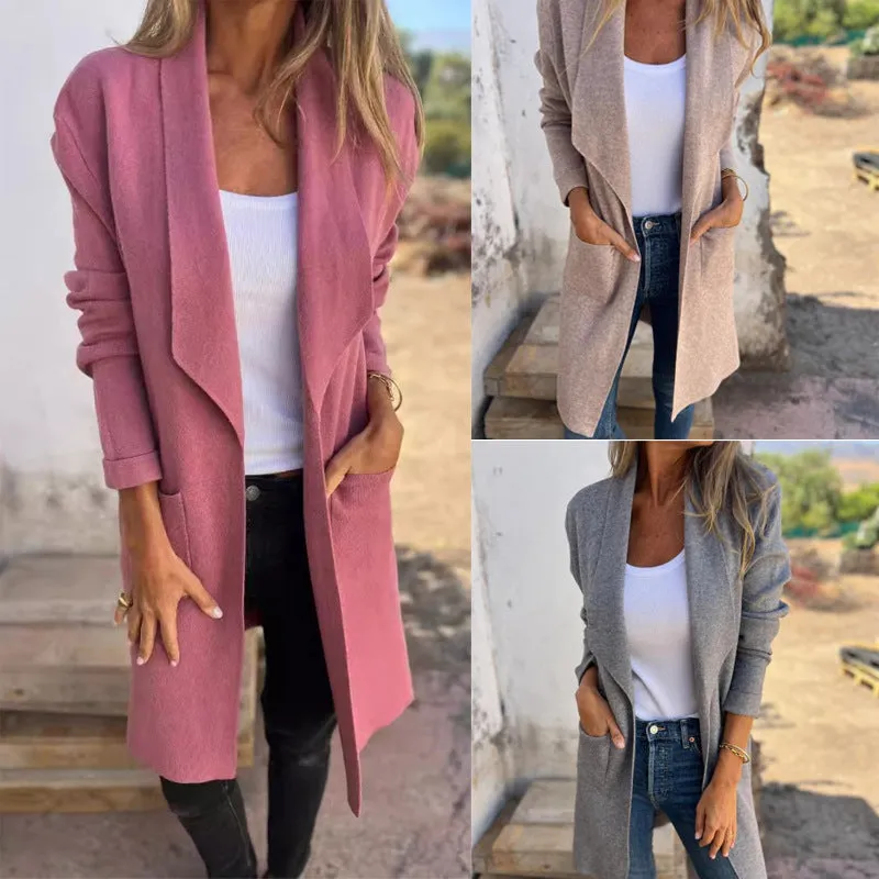 Fall And Winter Lapels Mid-length Knitted Cardigan Thin Woolen Coat for Women