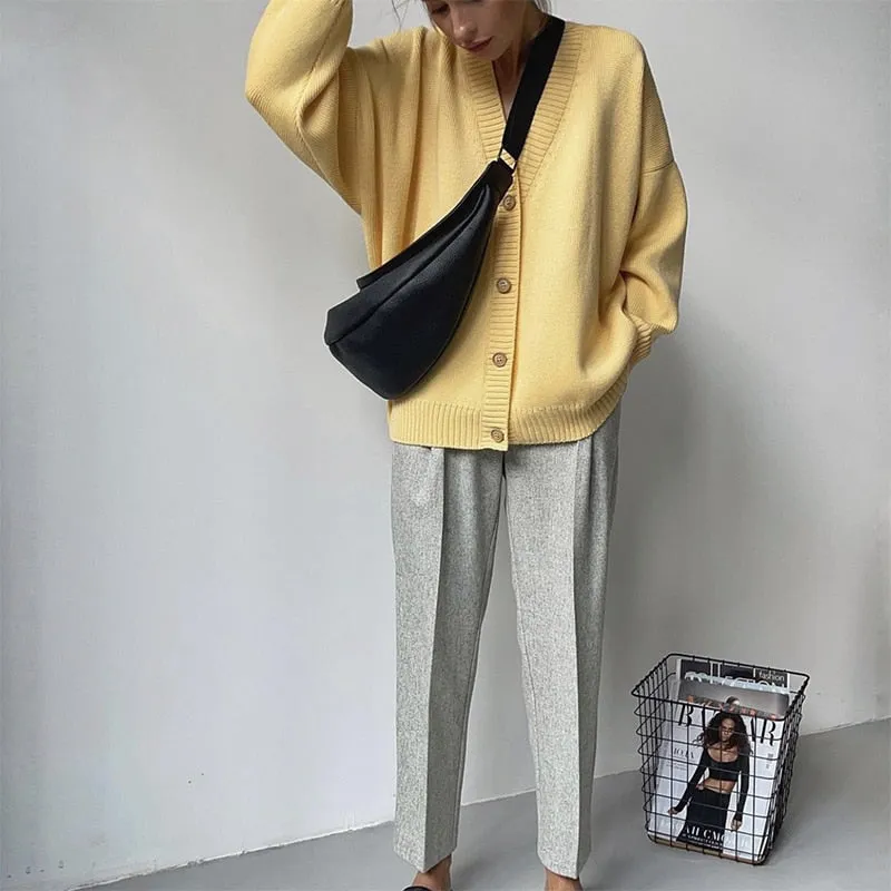 Fashionkova  Winter New Fashion Temperament Knitted Cardigan Women Loose V-Neck Single Breasted Sweater Female Solid Minimalist Knitwear