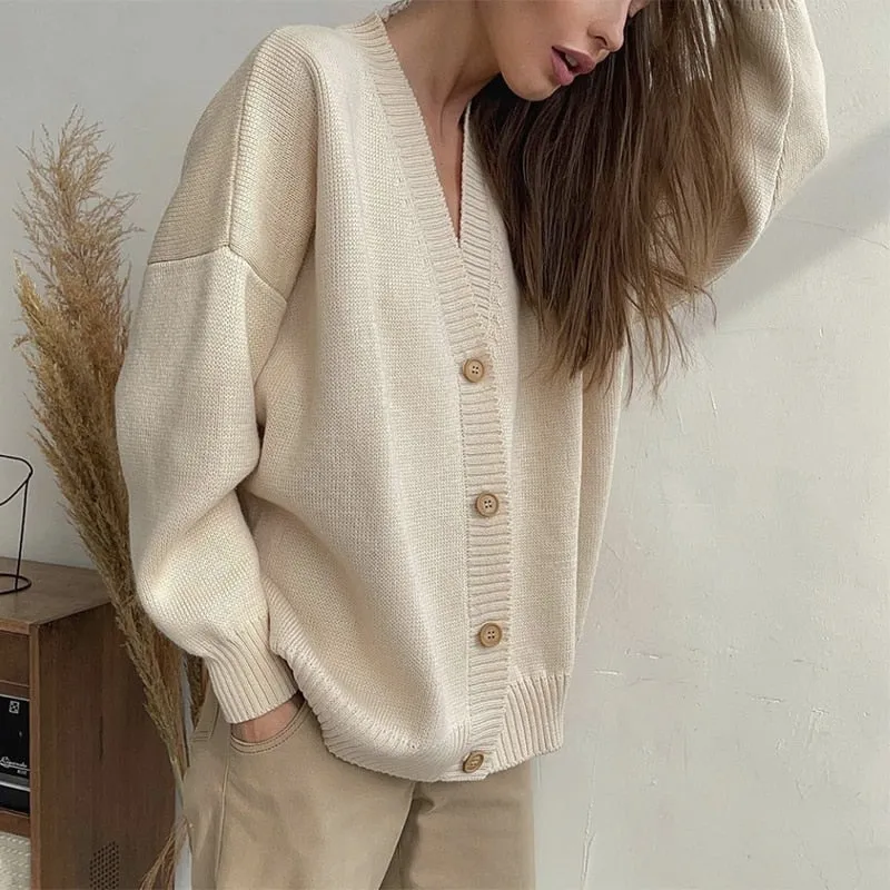 Fashionkova  Winter New Fashion Temperament Knitted Cardigan Women Loose V-Neck Single Breasted Sweater Female Solid Minimalist Knitwear