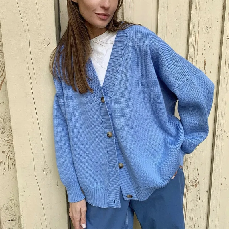 Fashionkova  Winter New Fashion Temperament Knitted Cardigan Women Loose V-Neck Single Breasted Sweater Female Solid Minimalist Knitwear