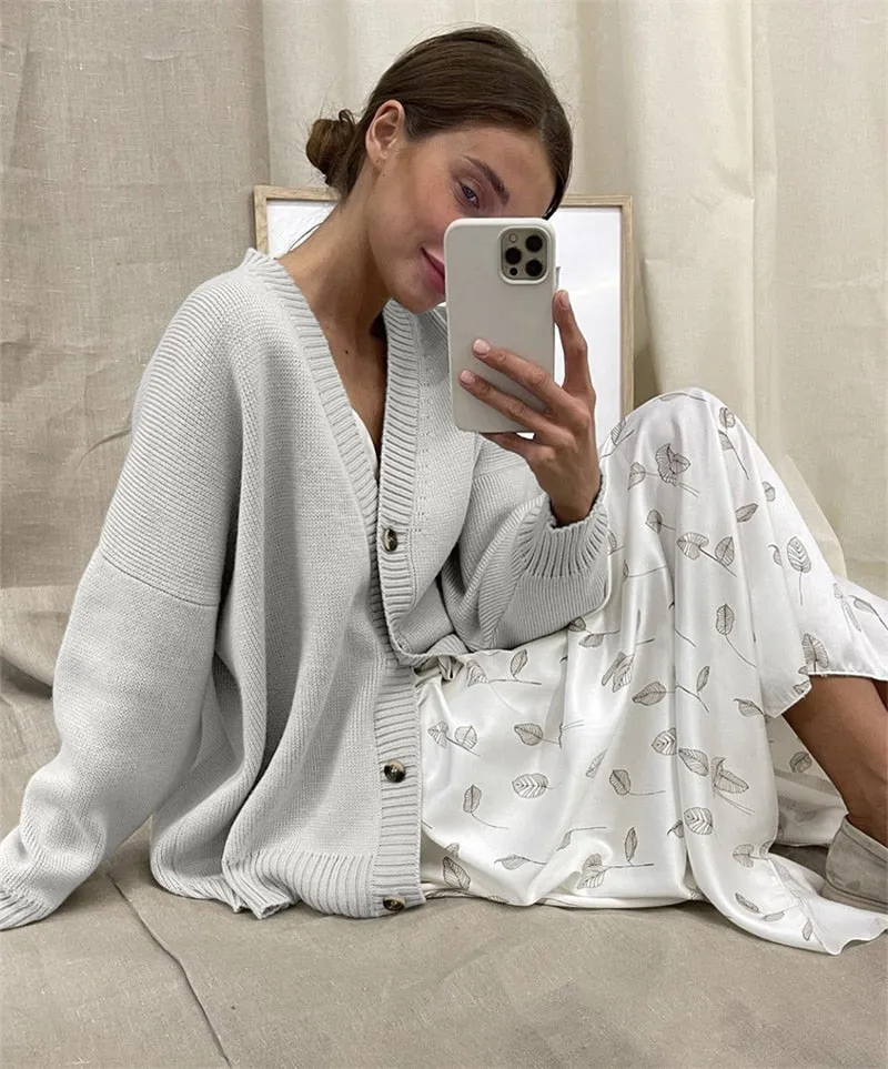 Fashionkova  Winter New Fashion Temperament Knitted Cardigan Women Loose V-Neck Single Breasted Sweater Female Solid Minimalist Knitwear