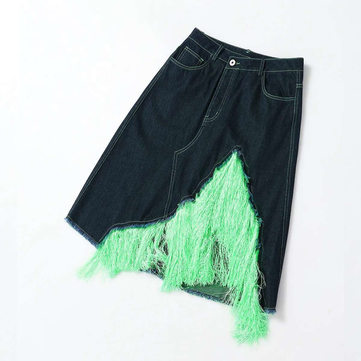 Fluorescent Green Tassel Vest Skirt Two Piece Set