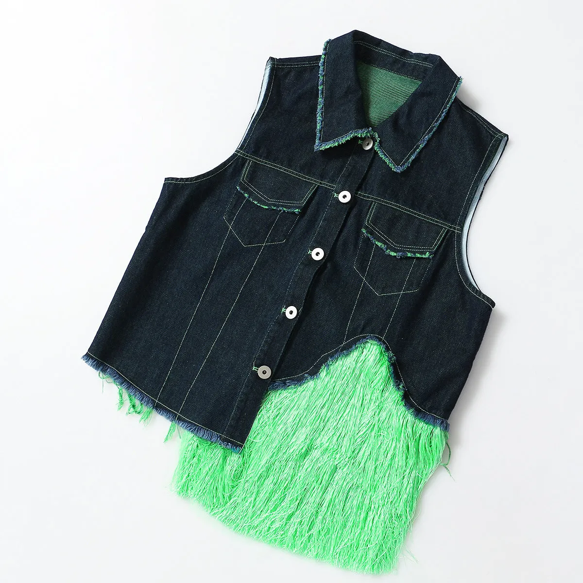 Fluorescent Green Tassel Vest Skirt Two Piece Set
