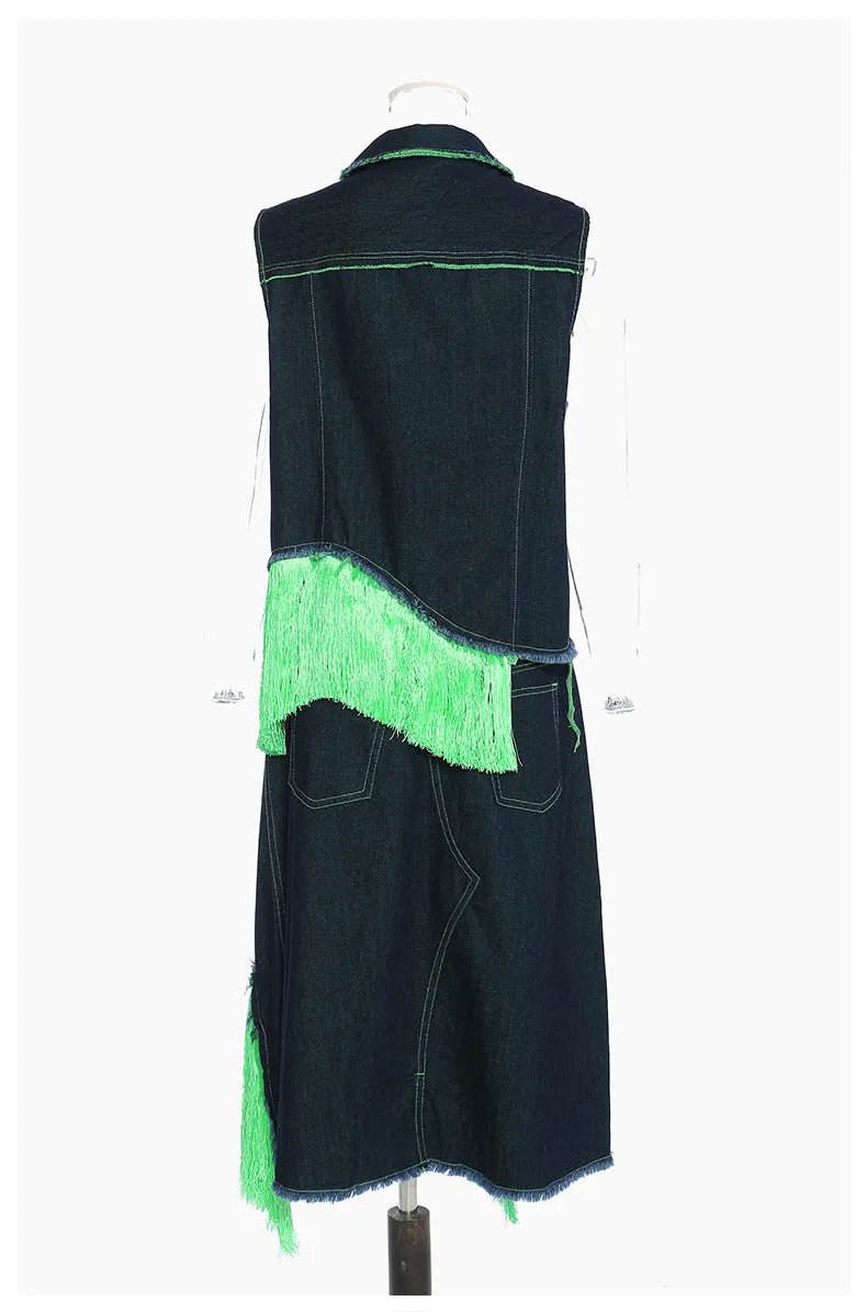 Fluorescent Green Tassel Vest Skirt Two Piece Set