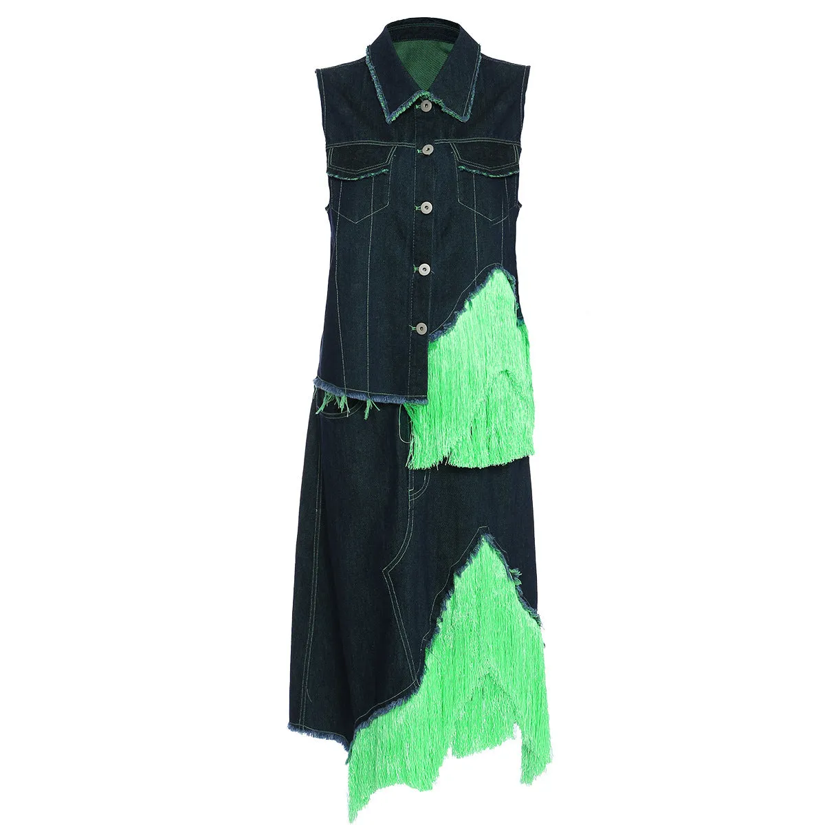 Fluorescent Green Tassel Vest Skirt Two Piece Set