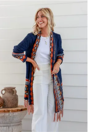 Fringe Cardi -Navy Rust