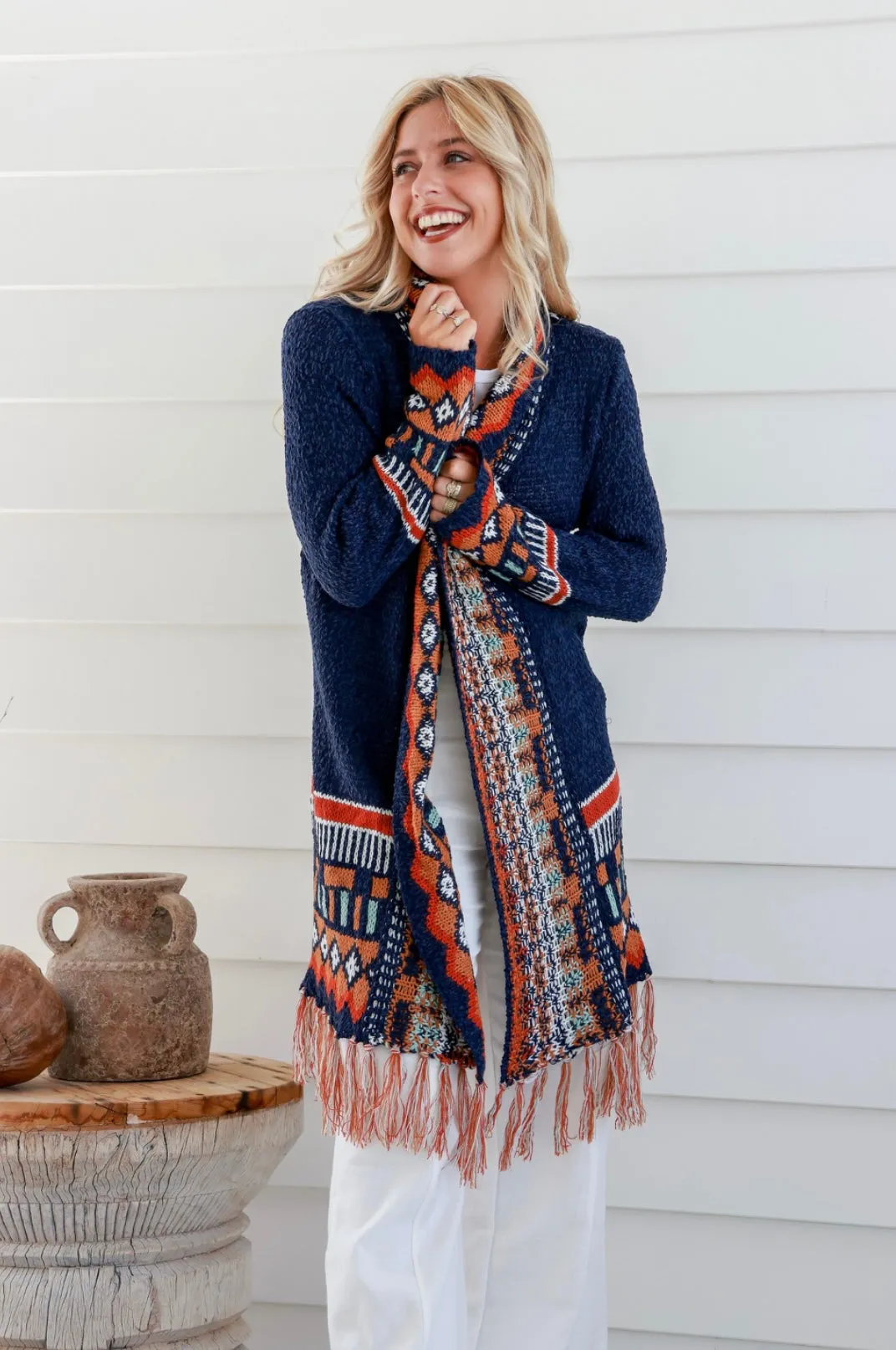 Fringe Cardi -Navy Rust