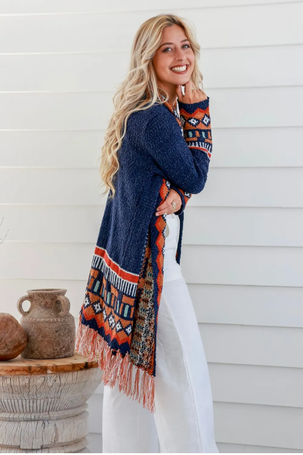 Fringe Cardi -Navy Rust