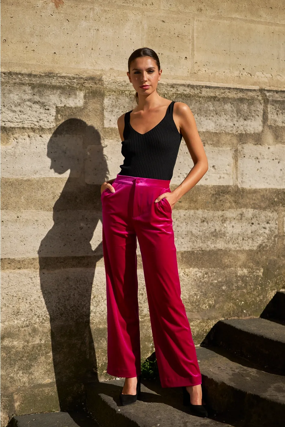 Fuchsia Straight Cut High Waist Velvet Pants