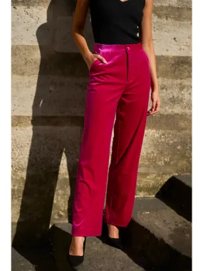 Fuchsia Straight Cut High Waist Velvet Pants