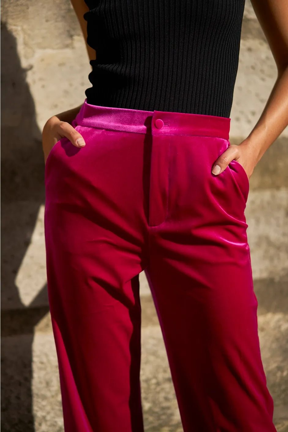 Fuchsia Straight Cut High Waist Velvet Pants