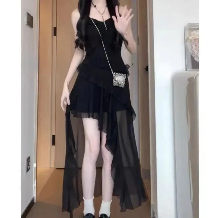 Girlary 2024 Summer Chiffon Butterfly Midi Dress Suit Women Elegant Irregular Sleeveless Dress   Black Short Cardigan Korean Fashion Set