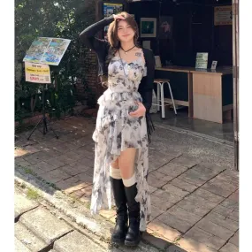 Girlary 2024 Summer Chiffon Butterfly Midi Dress Suit Women Elegant Irregular Sleeveless Dress   Black Short Cardigan Korean Fashion Set