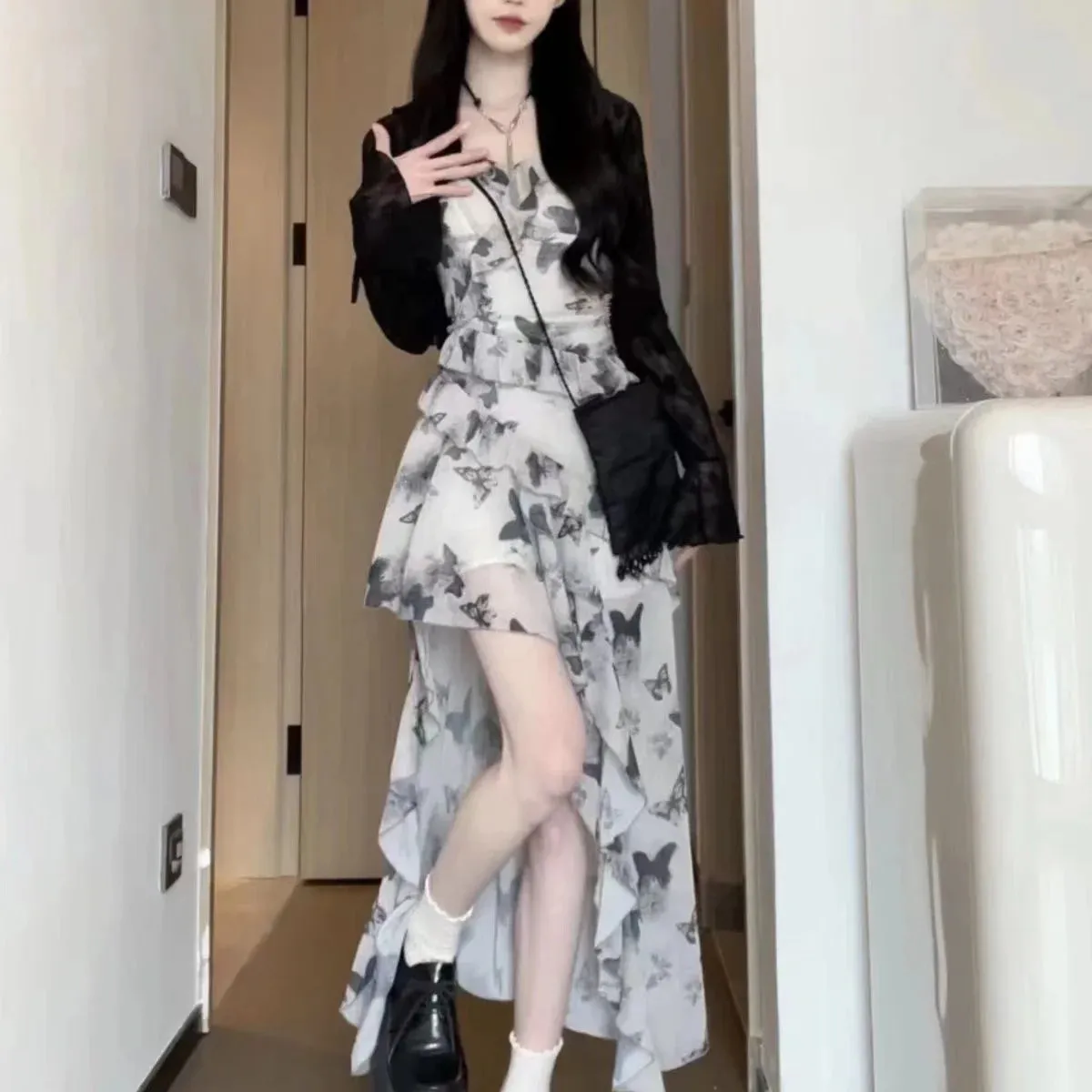 Girlary 2024 Summer Chiffon Butterfly Midi Dress Suit Women Elegant Irregular Sleeveless Dress   Black Short Cardigan Korean Fashion Set