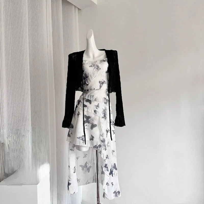 Girlary 2024 Summer Chiffon Butterfly Midi Dress Suit Women Elegant Irregular Sleeveless Dress   Black Short Cardigan Korean Fashion Set