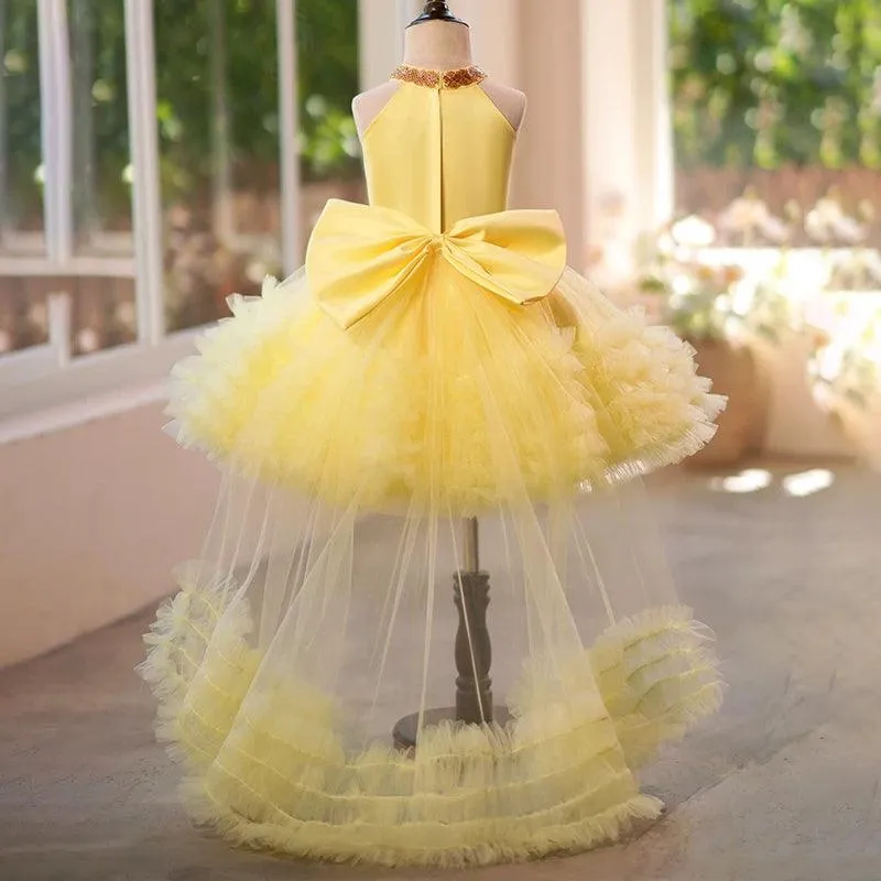 Girls' fashionable halter neck princess dress with tail birthday party catwalk evening dress