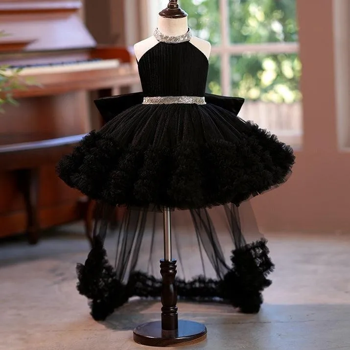 Girls' fashionable halter neck princess dress with tail birthday party catwalk evening dress
