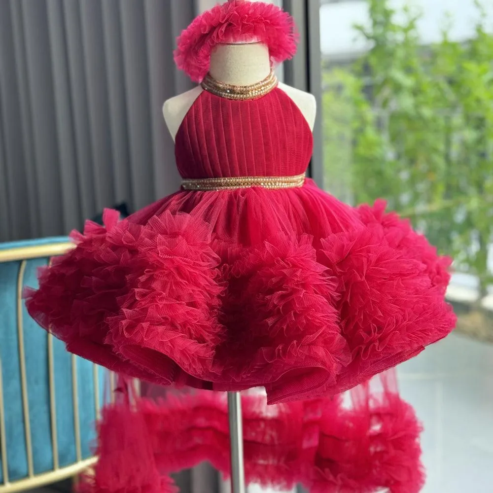 Girls' fashionable halter neck princess dress with tail birthday party catwalk evening dress