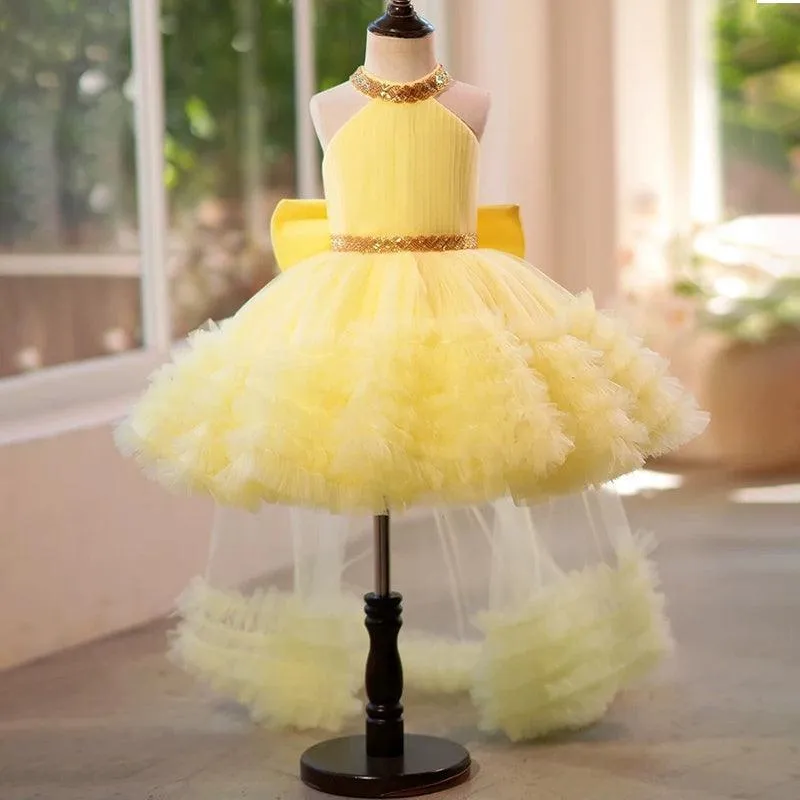 Girls' fashionable halter neck princess dress with tail birthday party catwalk evening dress