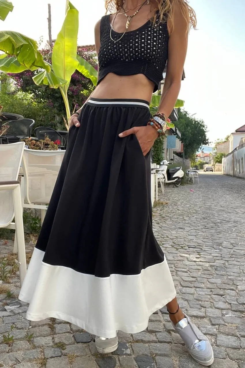 GNS Woman Black Waist Striped Elastic Color Block Oversized Long Skirt BST700-3535 - Seixal
