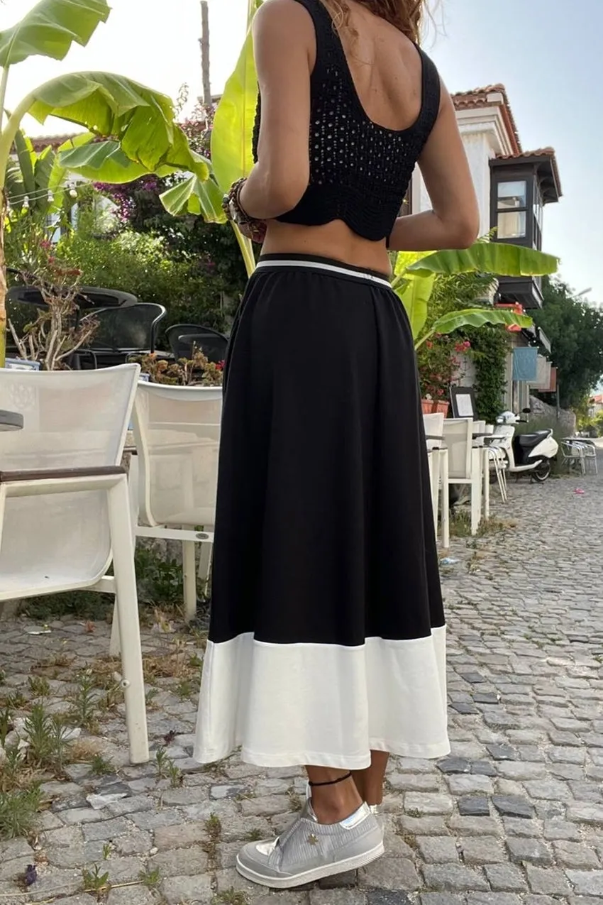 GNS Woman Black Waist Striped Elastic Color Block Oversized Long Skirt BST700-3535 - Seixal
