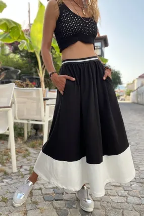 GNS Woman Black Waist Striped Elastic Color Block Oversized Long Skirt BST700-3535 - Seixal