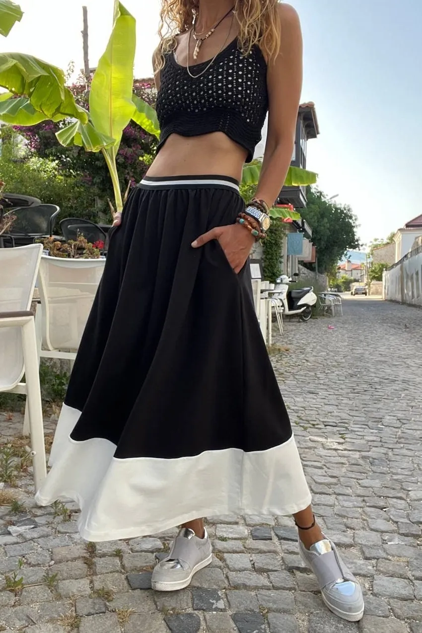 GNS Woman Black Waist Striped Elastic Color Block Oversized Long Skirt BST700-3535 - Seixal