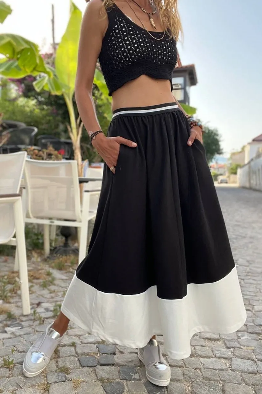 GNS Woman Black Waist Striped Elastic Color Block Oversized Long Skirt BST700-3535 - Seixal