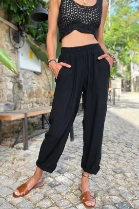 GNS Women's Black Special Textured Elastic Waist Loose Fit Pants with Pockets BST3638 - Levittown