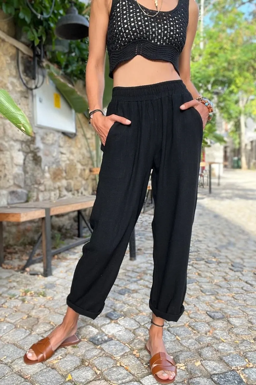 GNS Women's Black Special Textured Elastic Waist Loose Fit Pants with Pockets BST3638 - Levittown