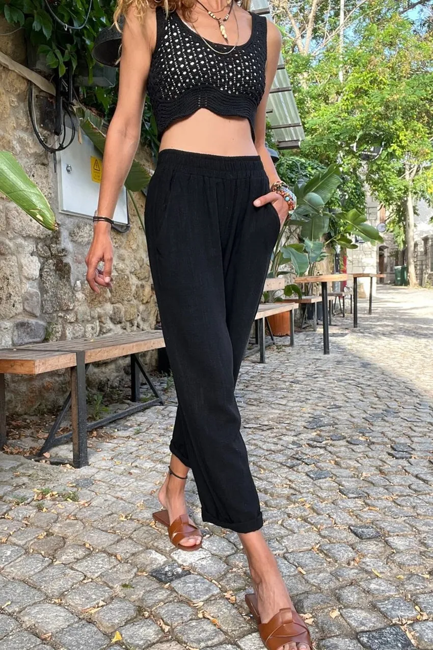 GNS Women's Black Special Textured Elastic Waist Loose Fit Pants with Pockets BST3638 - Levittown