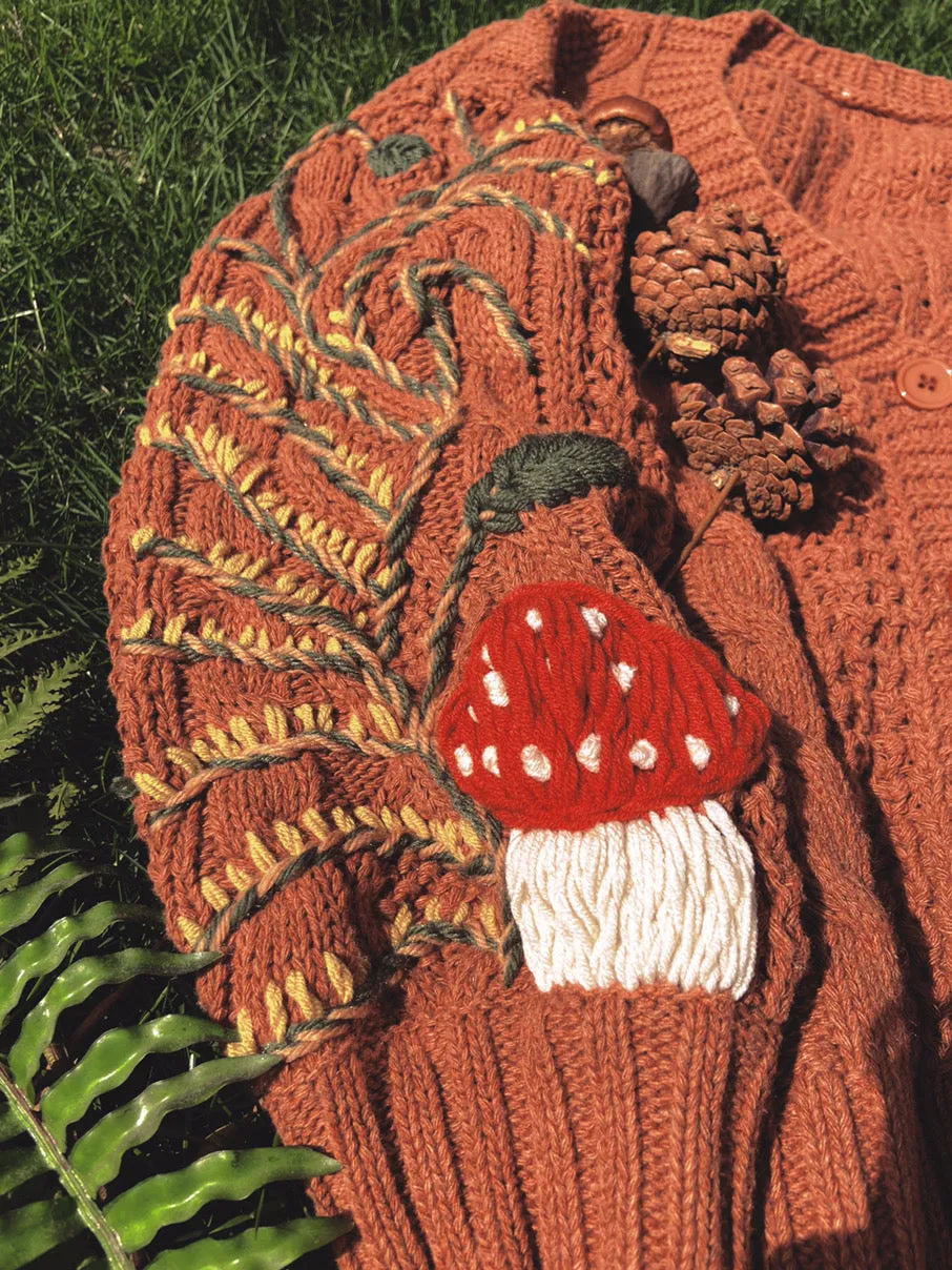 Gold Autumn Floral Embroidery Sweater Cardigan