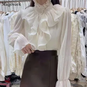 Graduation Gifts   Korean Chic Ruffles Stitching Elegant Blouse Woman Stand Collar Button Chiffon Shirt Long Flare Sleeve Fashion Loose Tops 12946