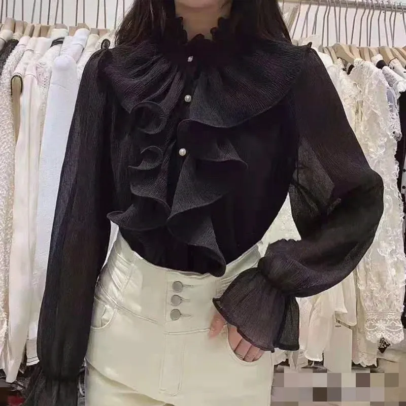 Graduation Gifts   Korean Chic Ruffles Stitching Elegant Blouse Woman Stand Collar Button Chiffon Shirt Long Flare Sleeve Fashion Loose Tops 12946