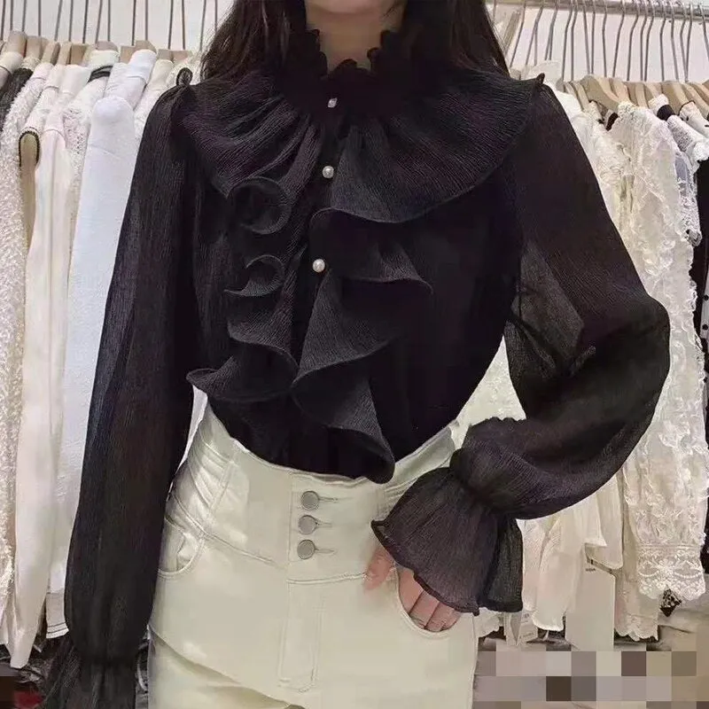 Graduation Gifts   Korean Chic Ruffles Stitching Elegant Blouse Woman Stand Collar Button Chiffon Shirt Long Flare Sleeve Fashion Loose Tops 12946