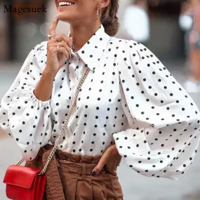 Graduation Gifts   New Office Lady White Blouse Shirt Women Polka Dot Lantern Sleeve Women Blouses Tops Plus Size Loose Female Shirt Blusas 12372
