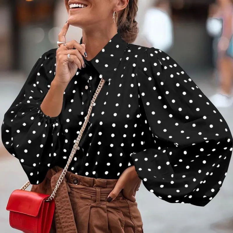 Graduation Gifts   New Office Lady White Blouse Shirt Women Polka Dot Lantern Sleeve Women Blouses Tops Plus Size Loose Female Shirt Blusas 12372